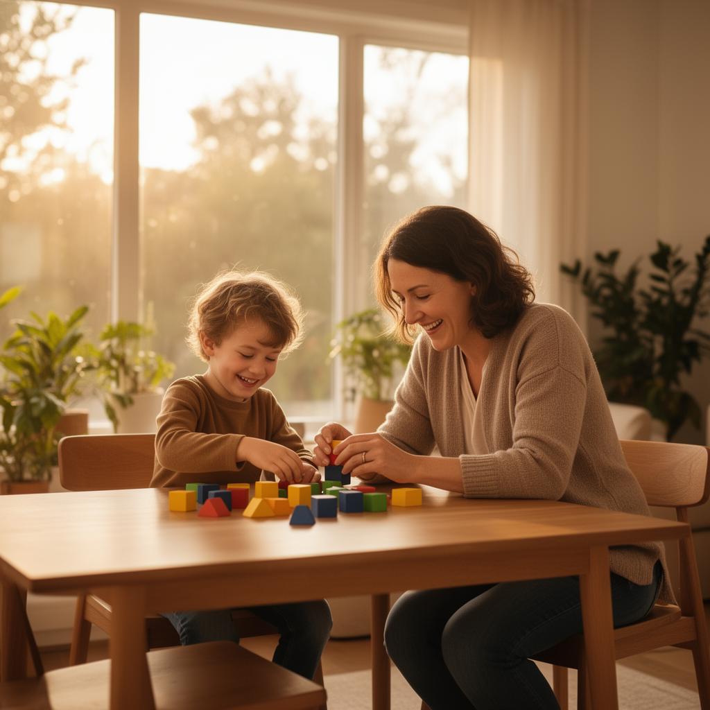 A child and adult doing a playful learning activity together in a bright, cozy room
