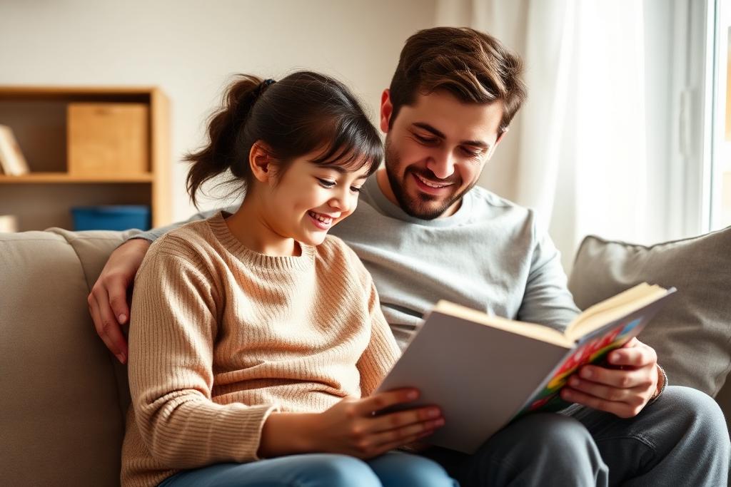 A caregiver and child reading together at home